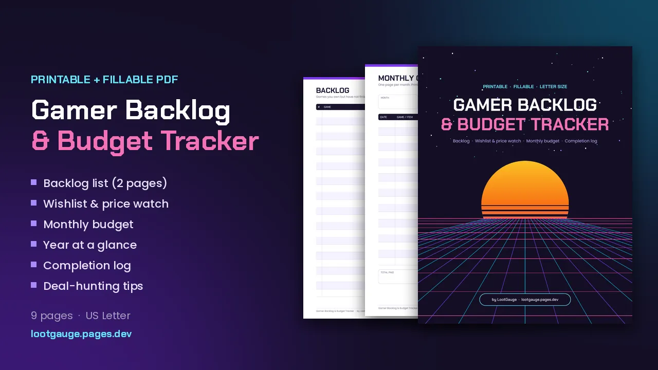 Gamer Backlog and Budget Tracker cover showing sample tracker pages