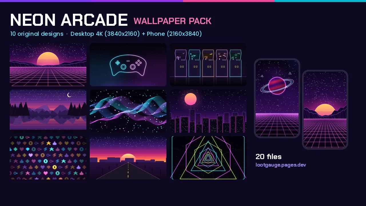 Neon Arcade wallpaper pack cover: synthwave neon grid and retro arcade artwork